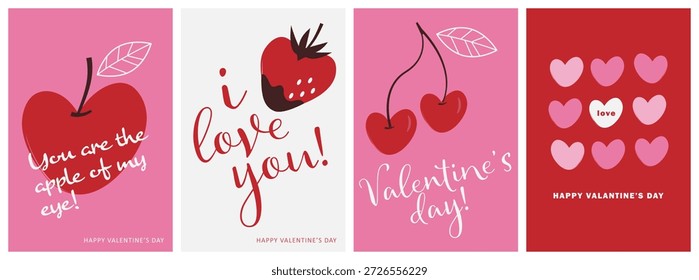 4 Romantisches Valentinstag-Kartenset. Herzmotiv Fruchtdesign. Apfel, Erdbeere, Kirsche und Herzen. Für Grußkarte, Poster und Flyer etc.
