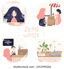 4 round cards with situations of zero waste lifestyle: in bathroom, food market, coffee house and kitchen with text