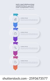 4 round elements placed in vertical row. Concept of list of 4 features or options of business project. Neumorphic infographic design template.