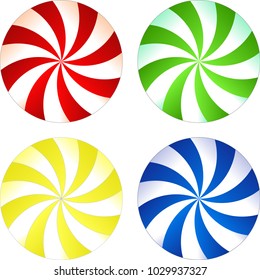 4 round lollypop schapes in four colors: red, green, blue and yellow. Pop candy swirls.