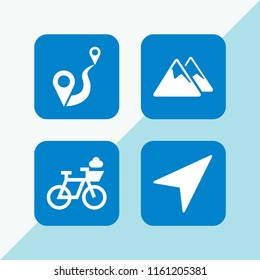 4 route icons in vector set. distance to travel between two points, navigation, mountain and bicycle illustration for web and graphic design