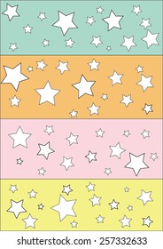 4 row of stars. Different sizes of stars placed randomly. There are light blue, orange, pink and yellow colors in the rows. All stars are white. Some stars with wider strokes. 