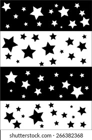 4 row of stars. Different sizes of stars placed randomly. Black and white rows and stars placed intersected.