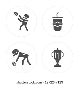 4 running with the ball, picking Soda glass a straw, Trophy modern icons on round shapes, vector illustration, eps10, trendy icon set.