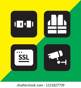 4 safe icons in vector set. ssl, life jacket, safety seat and cctv illustration for web and graphic design