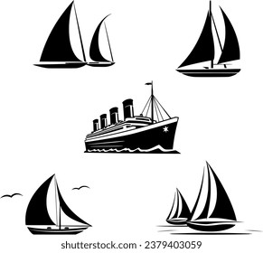 4 sailboats in different variants. 
1 Titanic-like steamship. svg