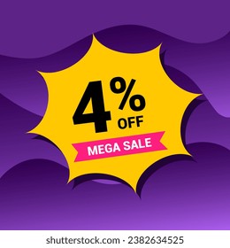 4% sale badge vector illustration on a purple gradient background. Four percent price tag. Yellow and purple.
