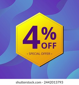 4% Sale and Discount Label. Four percent Sale Discount label Geometric design. Abstract Blue and Yellow Hexagon. Vector illustration.