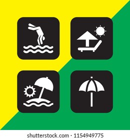 4 sand icons in vector set. summer, beach, parasol and deck chair under summer sun and sun umbrella illustration for web and graphic design