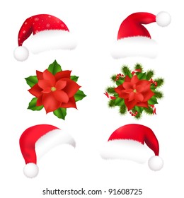 4 Santa Hat And 2 Poinsettia, Isolated On White Background, Vector Illustration