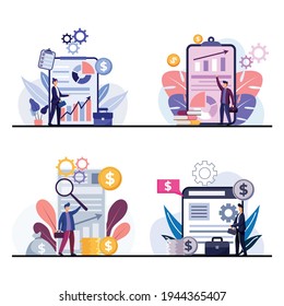 4 Scenes - Bundle sets of business and transactions with charts showing operating results on computer monitors and screens. business concept flat design vector illustration