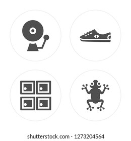 4 School bell, Lockers, Shoe, Frog modern icons on round shapes, vector illustration, eps10, trendy icon set.