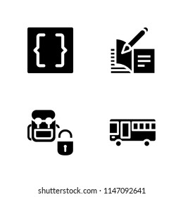 4 school icon set with backpack, open book and bus vector illustration for graphic design and web