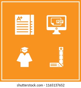 4 school vector icon set with ruler, exam, pdf file on screen and graduating icons for mobile and web