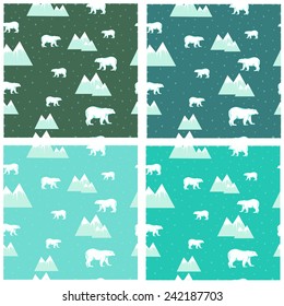 4 seamless backgrounds colored icebergs and polar bears and snowflakes vector