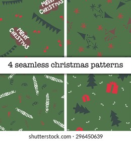 4 seamless christmas patterns, green-red-white colors