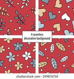 4 seamless decorative background with leaves, flowers and hearts