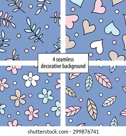 4 seamless decorative background with leaves, flowers and hearts