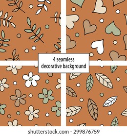 4 seamless decorative background with leaves, flowers and hearts