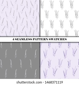 4 seamless lavender pattern swatches in purple and grey colors.