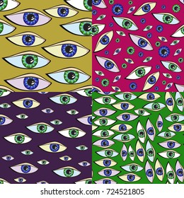 4 seamless pattern multicolored eyes on yellow, red, green and purple background