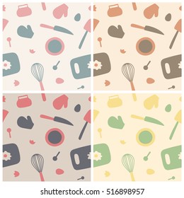 4 seamless pattern in the theme of a cute kitchenware