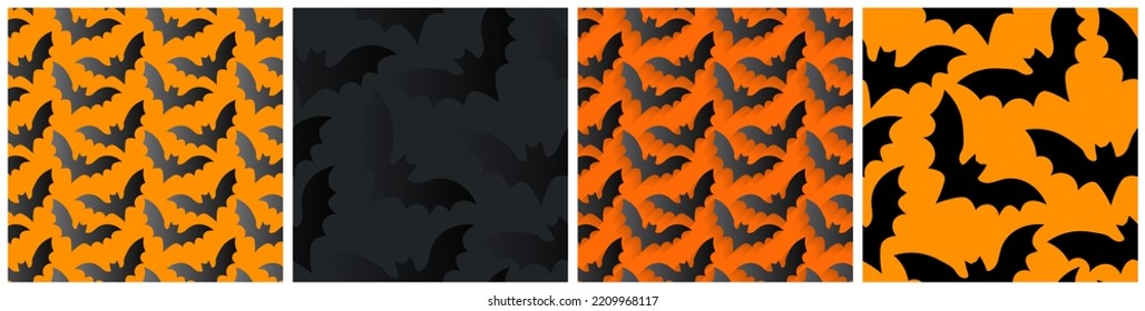 4 Seamless patterns of black and gradient flying bats with shadows for perspective on orange and black backgrounds. Black bats on dark. Colorful Halloween pattern collection. Vector Illustration.