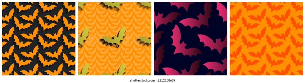 4 Seamless patterns of black, red, pink, gold and gradient flying bats with shadows for perspective on colored backgrounds. Black bats. Colorful Halloween pattern collection. Vector Illustrations.