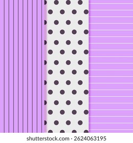 4 seamless patterns: cream-yellow diag stripes, yellow-white grid, purple vert stripes, purple-white polka dots. Vector, textile, background, decorative.