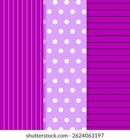 4 seamless patterns: cream-yellow diag stripes, yellow-white grid, purple vert stripes, purple-white polka dots. Vector, textile, background, decorative.