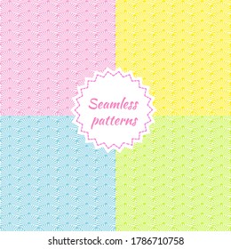 4 seamless patterns of geometric shapes, scales, fan. Background texture of pink, yellow, blue, light green flowers for wrapping paper, printing.