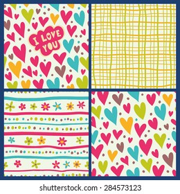 4 seamless patterns with hearts, flowers and stripe. Great for Baby, Valentine's Day, Mother's Day, wedding, scrapbook, surface textures.