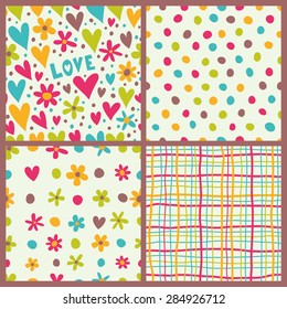 4 seamless patterns with hearts, flowers and stripe. Great for Baby, Valentine's Day, Mother's Day, wedding, scrapbook, surface textures.