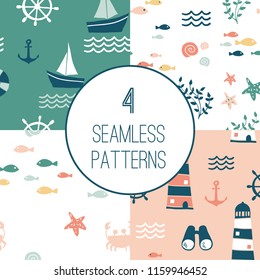 4 Seamless patterns with nautical design elements: anchor, boat, lifebuoy, waves, lighthouse, fish, starfish, crab, shell. Cute cartoon sea objects. Hand drawn vector illustration. Marine symbols