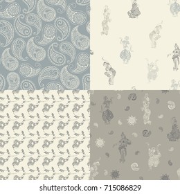 4 seamless patterns with oriental patterns: dancers, butts, flowers.
