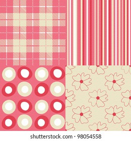 4 seamless patterns with retro flowers and shapes