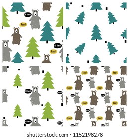 4 seamless patterns set. Nordic style illustrations with forest, trees and bears. Simple repeatable background.
