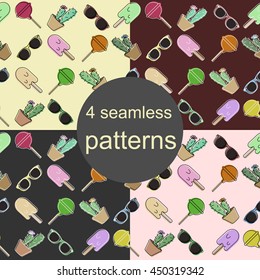 4 Seamless patterns with sunglasses, icecream, cactuses and lollipops