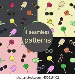4 Seamless patterns with sunglasses, icecream and lollipops