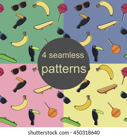 4 Seamless patterns with sunglasses, skateboards, bananas, toucans  and lollipops