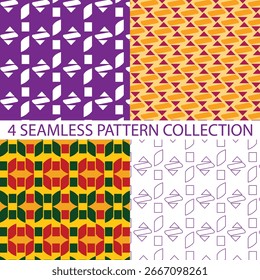 4 seamless repeat abstract patterns collection design for textiles, fabrics, garments, cloth, wallpaper, sheets, paper, tile, backdrops, decor, background, texture, and motif industrial illustrations.