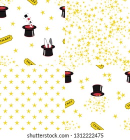 4 seamless repeat patterns on white backgrounds - stars, stardust, magician's top hats with playing cards, bunny ears. Magic show, gambling background.