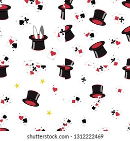 4 seamless repeat patterns with transparent background. Gambling/ magic show patterns with top hats, bunny ears, playing cards, stars.