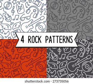 4 seamless rock music background textures, hand drawn doodle style.