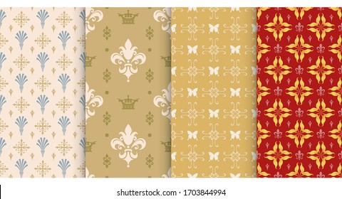 4 seamless vintage patterns. Background Wallpaper. Pattern colors: beige, brown, gold and white. Vintage style. Background texture, vector graphic.