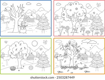 4 seasons. autumn spring summer spring. kids activity. painting doodle. vector seasons