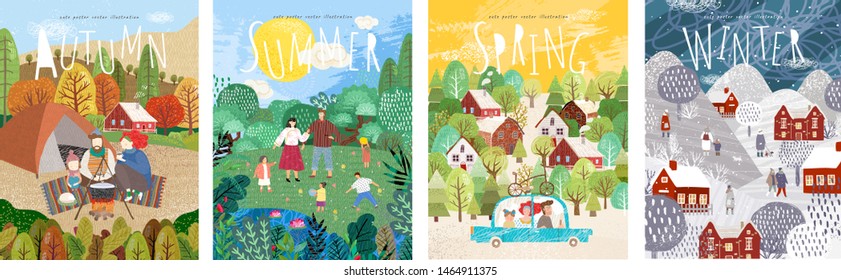 4 seasons: Autumn, winter, spring, summer. Vector cute illustration of a family on nature in the camp, traveling by car, and people on the street for the New Year and Christmas

