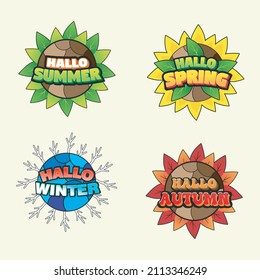 4 seasons badge logo. Text Bold 3D Logo. Summer, Spring, Winter and Autumn. Ilustration Vector Logo Design.
