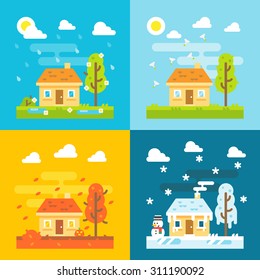 4 Seasons House Flat Design Set Illustration Vector