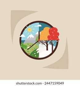 4 seasons  landscape in a circle. Time passing by. Big clock with changing landscape.